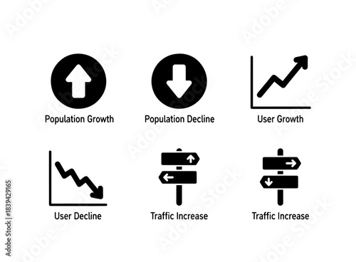 Population Growth Population Decline User Growth User Decline Traffic Increase Traffic Decrease Icon Set