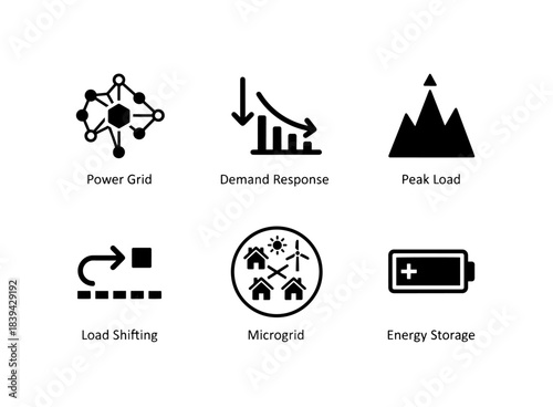Power Grid Demand Response Peak Load Load Shifting Microgrid Energy Storage Minimal Icon Set