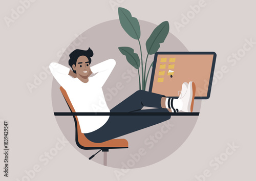 Person enjoys a moment of relaxation in a vibrant workspace, feet comfortably resting on the desk while engaging with digital tasks, embodying a creative and laid-back atmosphere