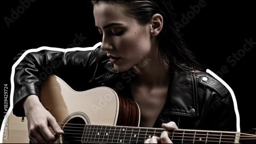 Captivating Portrait of a Young Woman Emotionally Playing an Acoustic Guitar in a Dark Studio