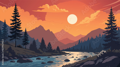 Mountain sunset river landscape