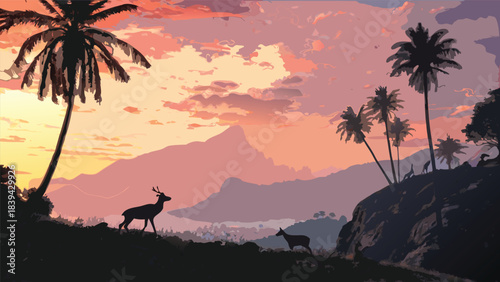 Tropical sunset silhouette with deer