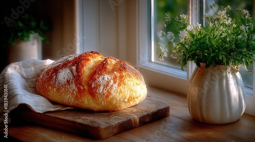   A loaf of bread sits atop a wooden cutting board alongside a vase with a plant inside