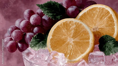   A painting of oranges, grapes, and mints in an ice-filled glass on a pink background