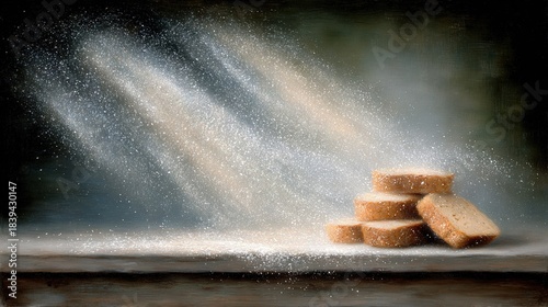   A painting depicts a table laden with stacks of bread, and from atop them, sprays water