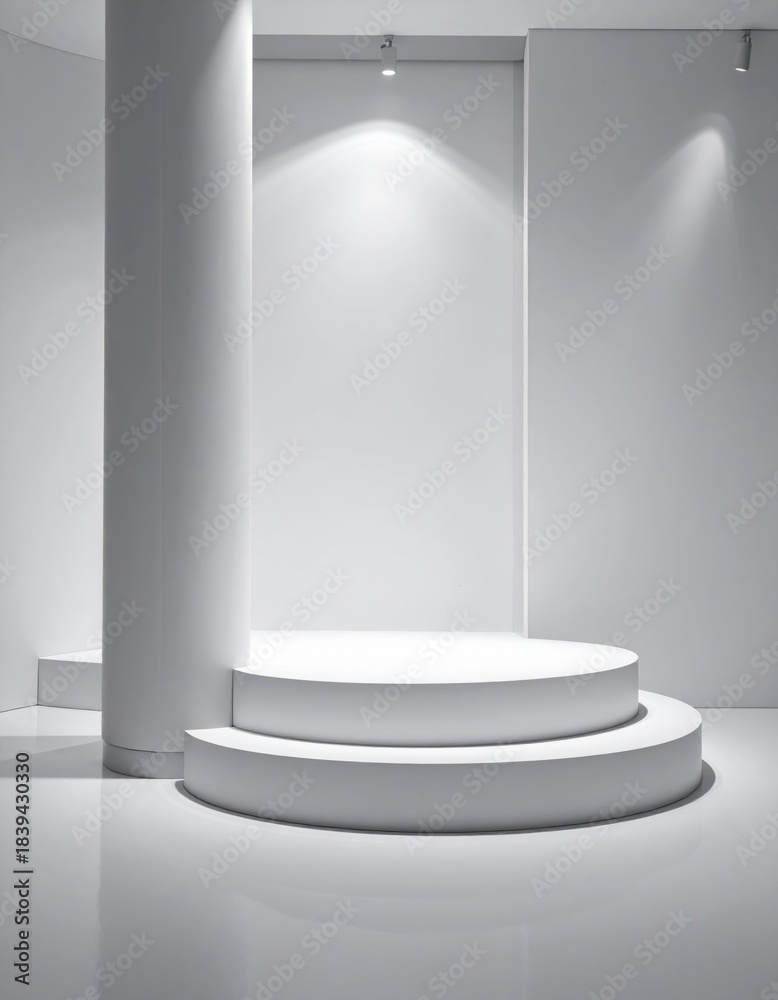 Fototapeta premium Minimalist White Stage Podium With Spotlight And Column In Modern Gallery