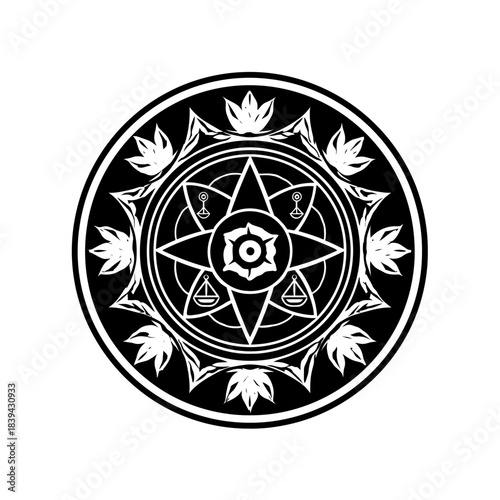 Intricate Black and White Mystical Emblem Design with Sacred Geometry, Star, Balance, and Ornate Floral Patterns