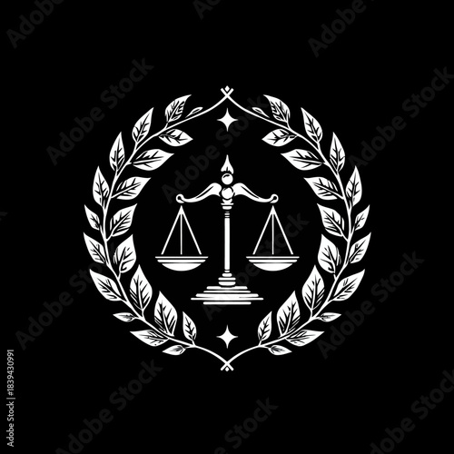 Scales of Justice with Laurel Wreath Emblem - Law, Balance, and Legal System Symbol on Black Background