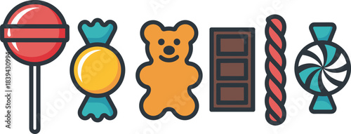 Colorful candy and sweets vector set featuring lollipop, wrapped candy, gummy bear, chocolate bar, candy cane, and peppermint for fun designs