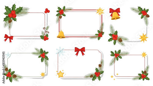 Elegant collection of Christmas decorative frames adorned with festive holly, berries, and pine elements, ideal for holiday greeting cards and celebrations