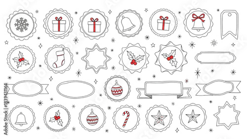 Hand-drawn Christmas Labels, Frames, and Festive Sticker Collection for Holiday Decorations and Gifts