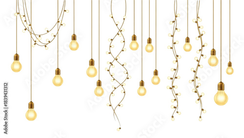 Golden Hanging Decorative Light Bulbs and String Lights Vector Illustration