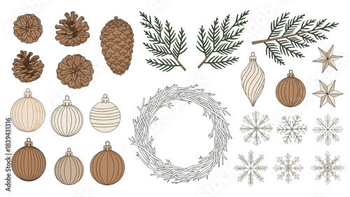 Christmas Botanical Ornaments Pinecones Wreath Snowflakes Vector Set