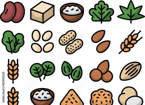 Food allergen icons, nuts, seeds, grains, legumes, leafy greens, tofu, rice bowl, allergy symbols, healthy plant ingredients