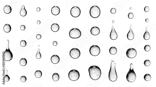 Close-up of Many Crystal Clear Water Droplets and Beads of Various Sizes Glistening on a Pristine White Background