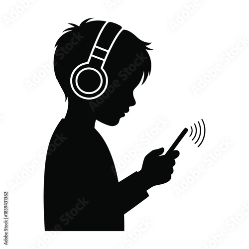 Kid silhouette headphones boy smartphone usage digital device listening music child technology mobile phone sound waves modern child digital lifestyle