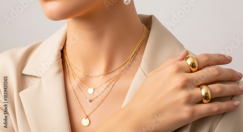 A minimalist portrait of a woman wearing contemporary gold jewelry