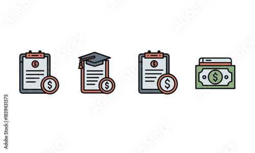 Financial Planning and Education Costs Vector Icons Set with Documents, Graduation Cap, and Money