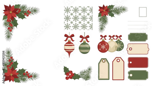 Festive Winter Holiday Vector Kit with Classic Poinsettia, Ornaments, and Gift Labels