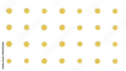 Abstract pattern of soft golden glowing dots arranged in a neat grid on a pristine white background, creating a serene and modern visual texture