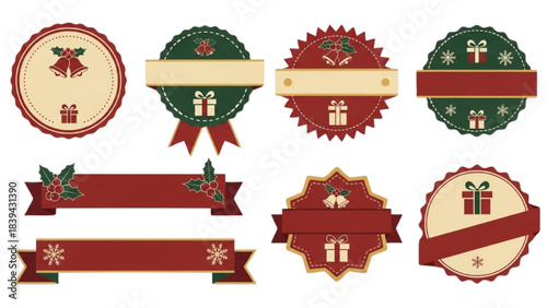 Set of festive Christmas celebration decorative labels, badges, and banners with traditional holiday elements