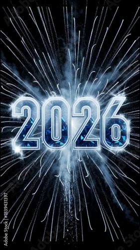 Vibrant Blue Gemstone-Style 2026 Numbers with Explosive White Fireworks Celebration