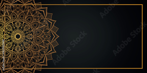 Golden mandala business card with black background and decorative elements