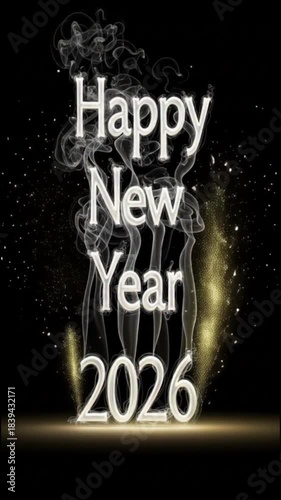 Festive Happy New Year 2026 Typography Design with Ethereal Smoke and Sparkling Light