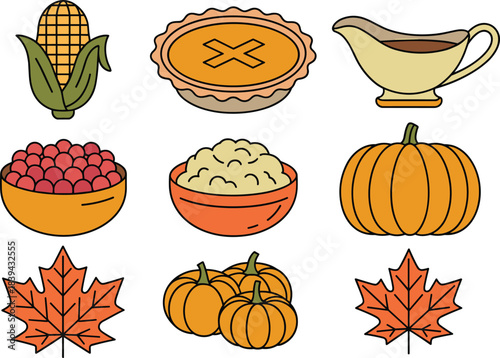 Thanksgiving and autumn illustration set featuring corn, pie, gravy, cranberries, mashed potatoes, pumpkins, and maple leaves for seasonal holiday designs