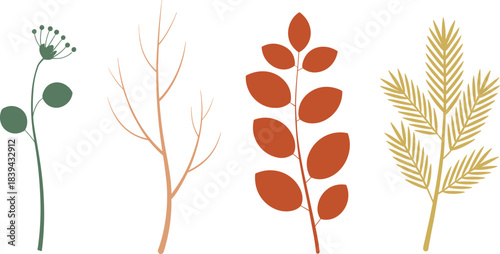 Minimalist botanical illustration set featuring simple leaves, branches, foliage elements, autumn plants, and delicate nature motifs in modern flat style