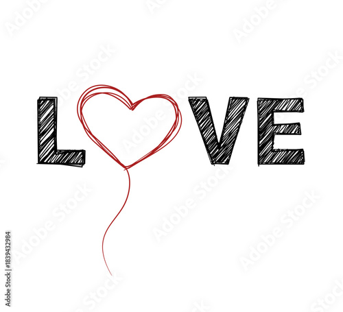 Love text in black with a red heart outline replacing the letter O without background.