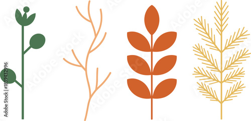 Minimalist botanical illustration set featuring simple leaves, branches, foliage elements, autumn plants, and delicate nature motifs in modern flat style