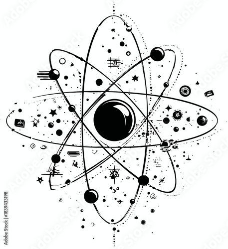 Detailed Atomic Structure Illustration with Orbiting Electrons and Cosmic Elements. Abstract Science and Physics Concept Art.