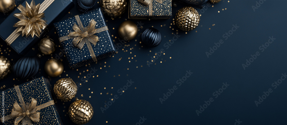 Naklejka premium Christmas background blue gift boxes and gold baubles
