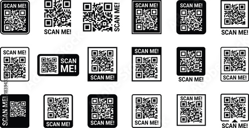 QR code labels, scan me icons, digital access signs, contactless technology symbols, marketing stickers, mobile scanning prompts, modern black and white designs