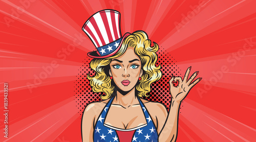 A beautiful girl in a hat with the colors of the US flag in pop art style shows OK 