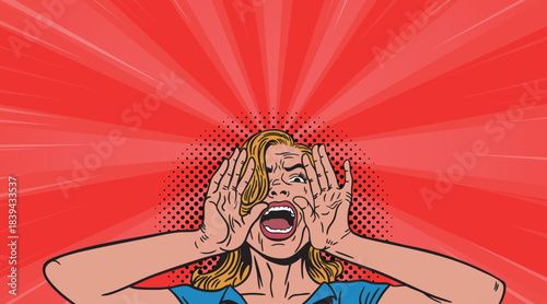 An angry pop art girl screaming. Vector illustration