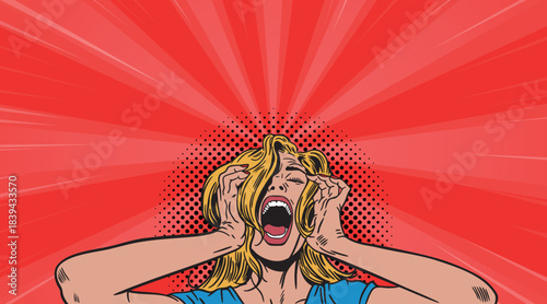 A desperate pop art girl screams. Vector illustration.
