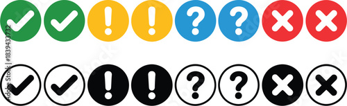 Row of colorful status icons featuring green checkmarks, yellow exclamation marks, light blue question marks, and red X symbols for alerts