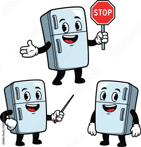 Cheerful cartoon refrigerators with expressive faces holding a stop sign and pointer in a playful, vector illustration scene