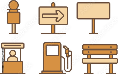 Minimalist roadside icon set featuring signs, arrow board, billboard, ticket booth, gas pump, and bench for travel, navigation, and city design projects