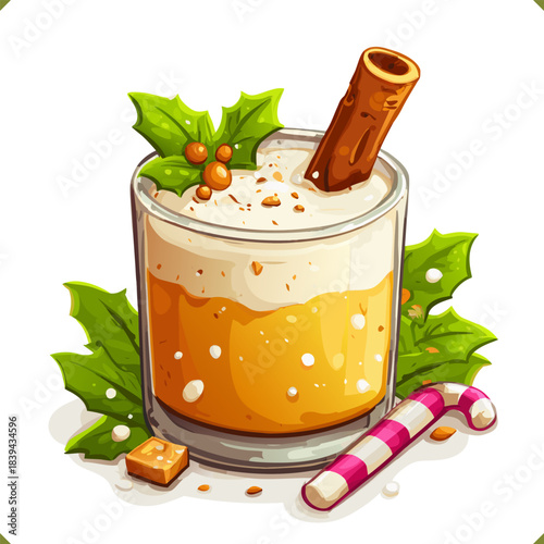 Vector illustration of a glass of eggnog with cinnamon stick, spices, a sugar cube, striped candy, isolated on a white background. Vector illustration of holiday beverage on white background
