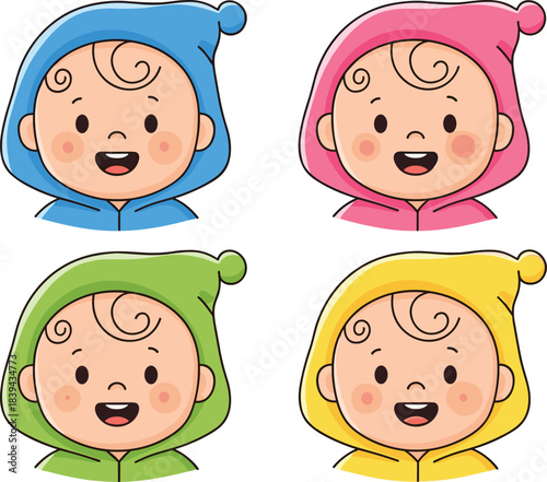 Cartoon baby face icons, hooded infant expressions, colorful vector characters, smiling baby graphics, children’s content design, playful emotion set