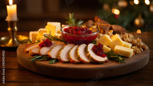 Holiday charcuterie board presenting turkey, cheese, and cranberry sauce