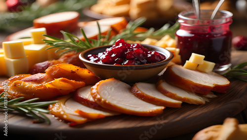 Sliced turkey breast, cheese, cranberry sauce, and rosemary platter