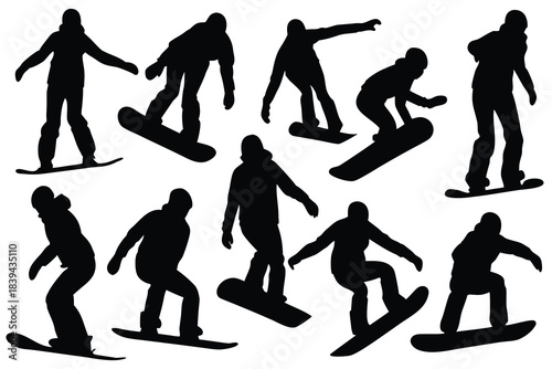 Collection of diverse snowboarder silhouettes in various action poses silhouette