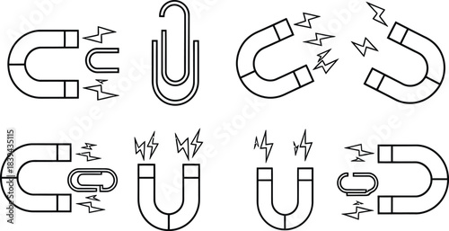 Clean white neat icons of neat magnet attract pull force metal clip set vector