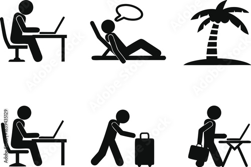 Diverse stick figure silhouettes depicting work travel and vacation activities silhouette
