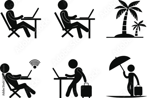 Diverse stick figure silhouettes representing remote work and travel scenarios silhouette
