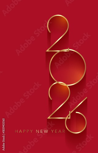2026 New Year gold logo design. Holiday greeting card. Vector illustration. Holiday design for greeting card, invitation, calendar, party, golden holiday label isolated on red background